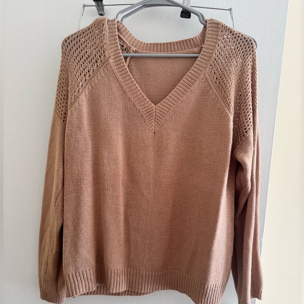 Tan camel sweater with open weave shoulder